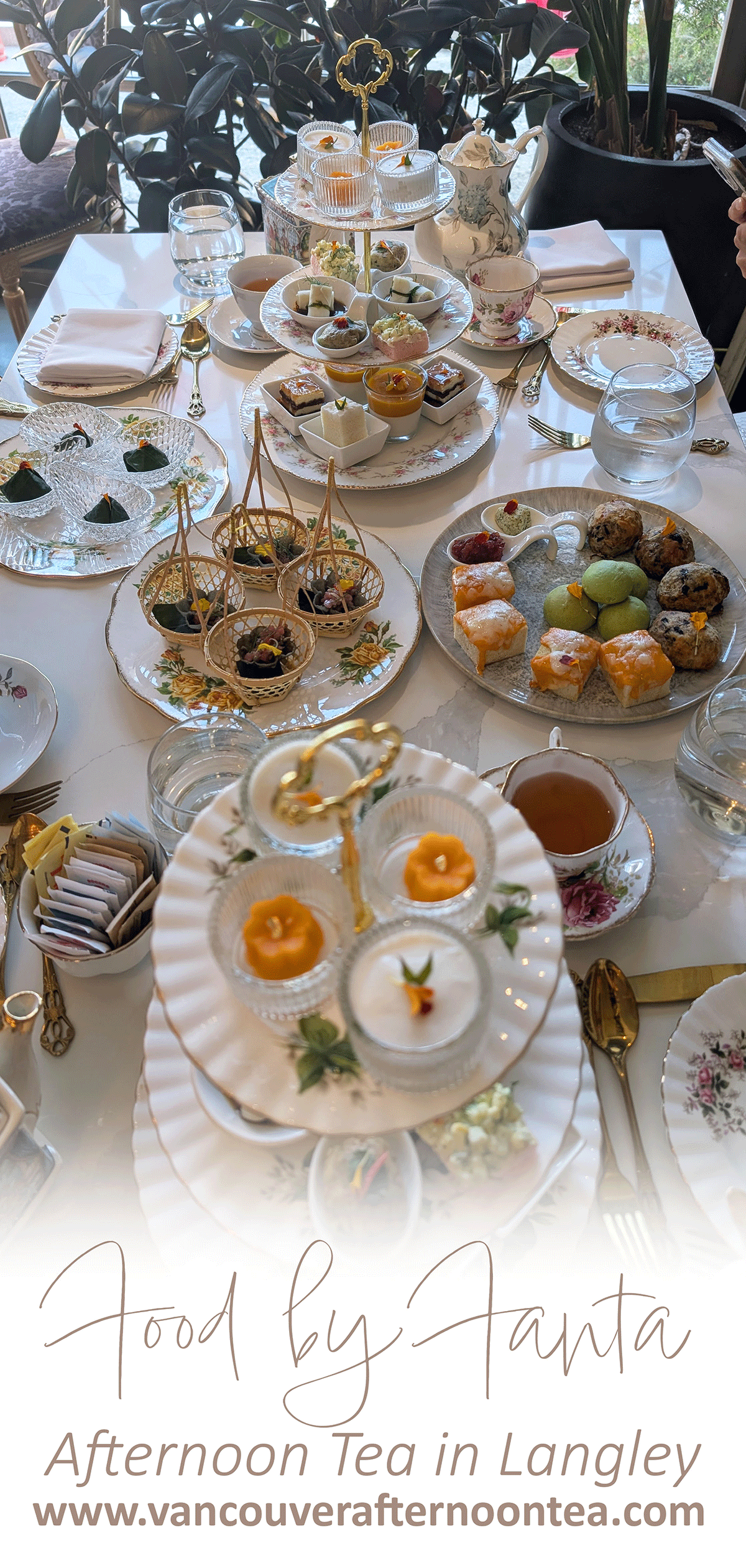 The entire spread of Thai-Asian themed afternoon tea spread on a table. 