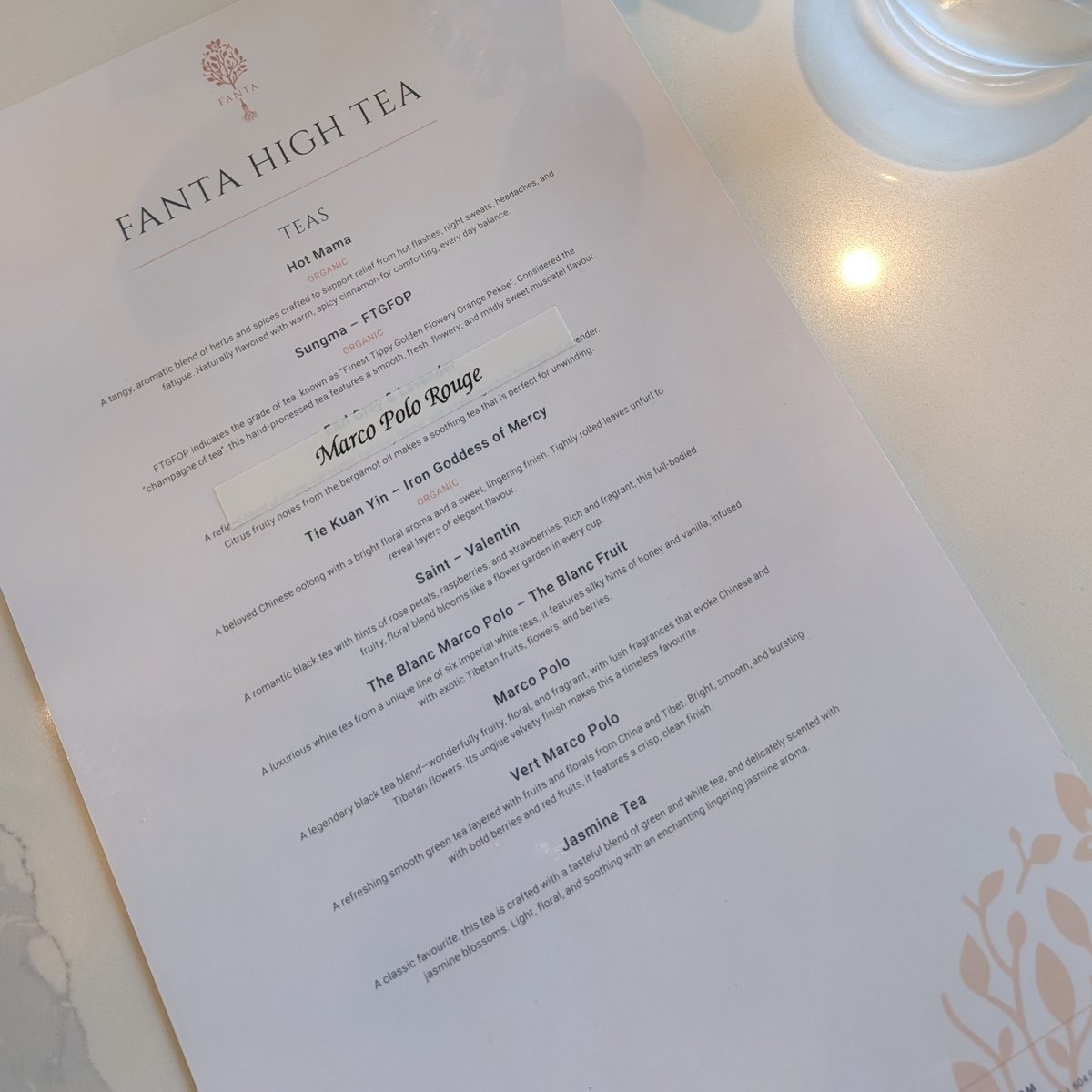 Food by Fanta's tea menu. 