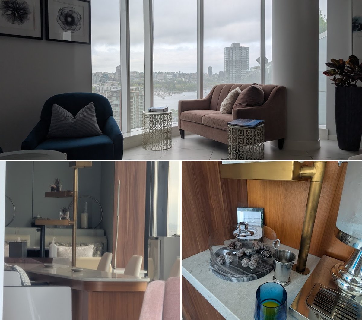 Waiting lounge of the spa overlooking a view of False Creek. 