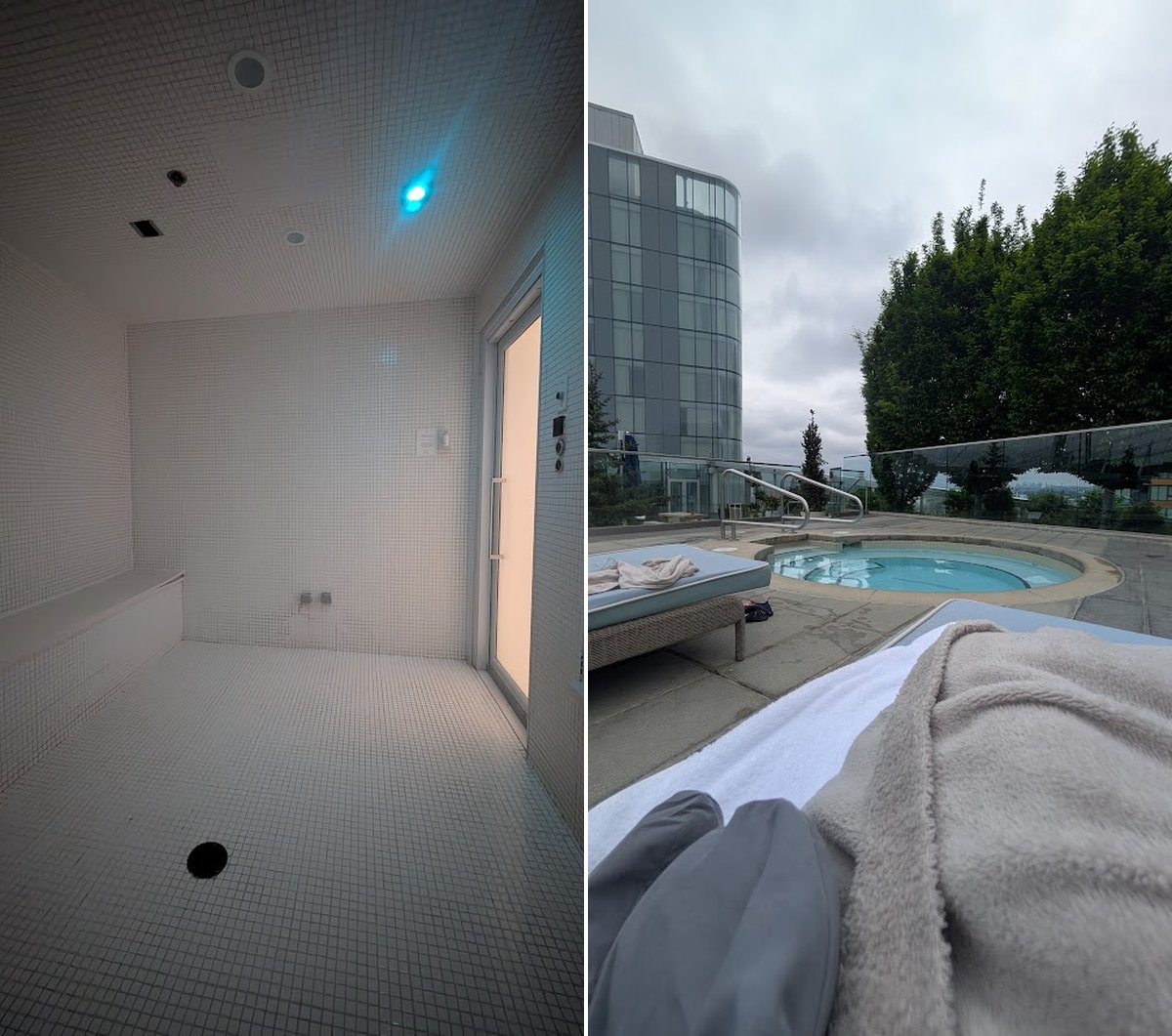 Steam room and outdoor hydrotherapy tub.