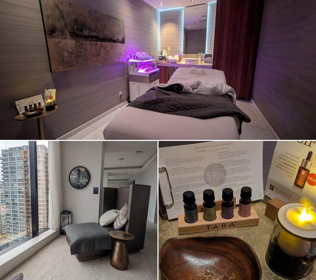 Treatment room and chaise lounge and aromatherapy oils. 