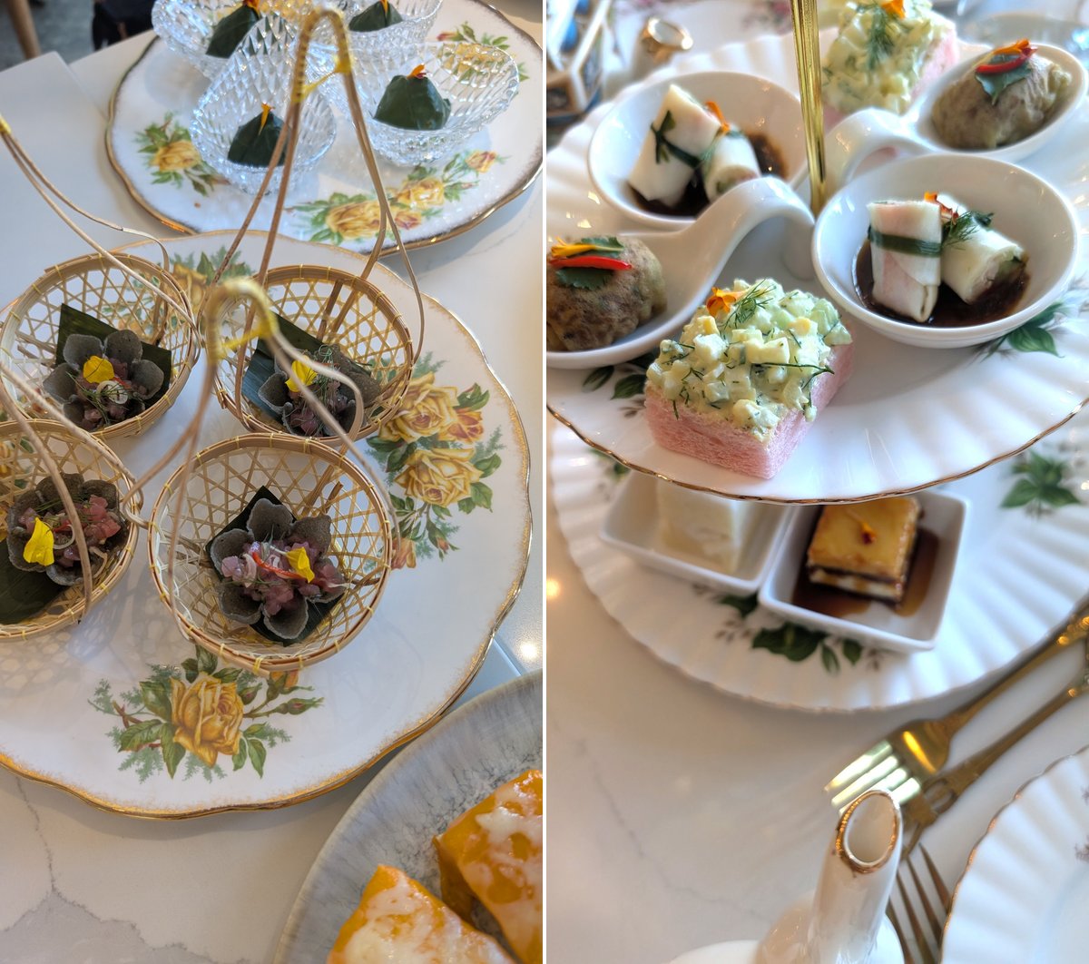 Close up shot of the savoury items on afternoon tea set treats on a 3-tier tray and in mini steamer baskets. 