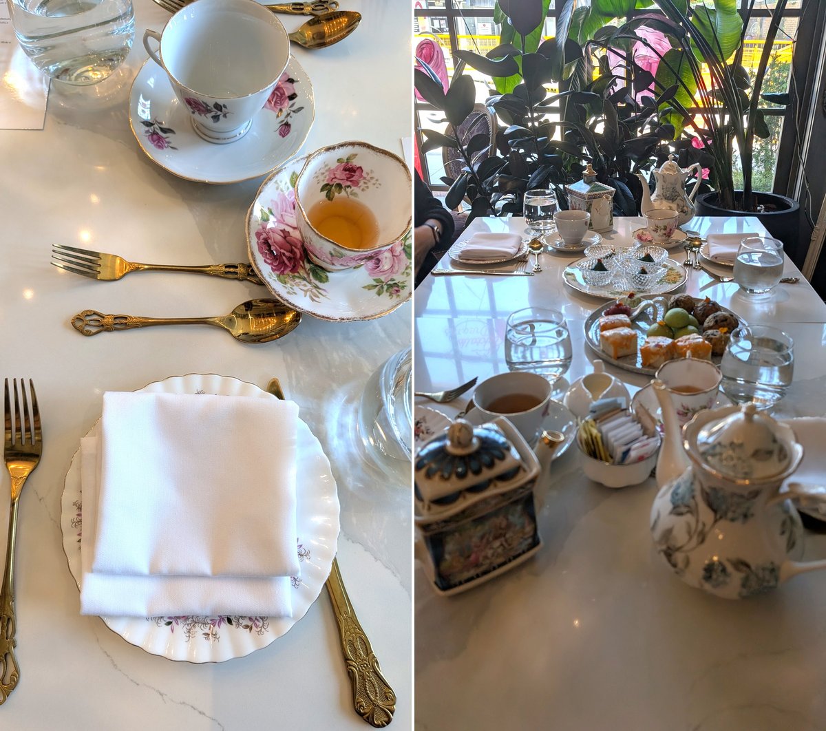 Vintage tea cups and tea pots offered with the tea set. 